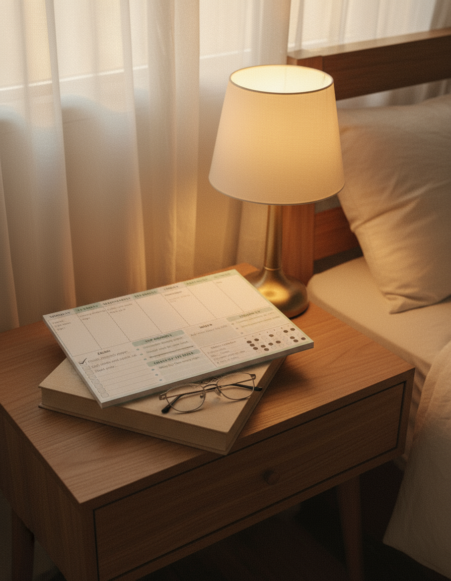 Bedside table evening setting