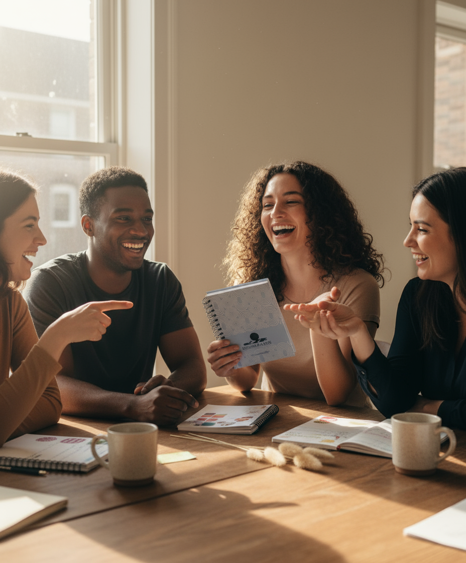 Candid iPhone photo of friends with planners in hand and on table