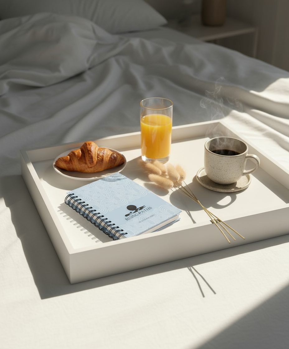 Closed planner on breakfast tray in bed