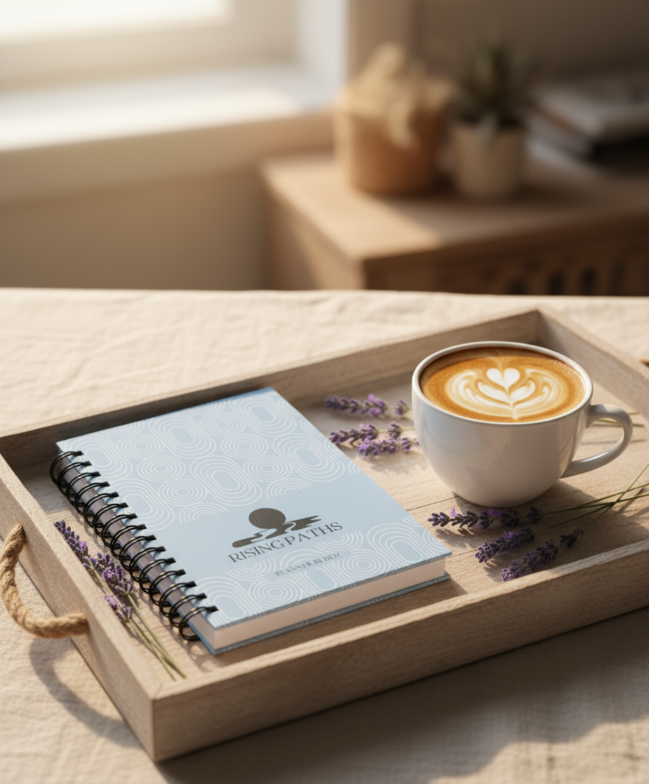 Cozy breakfast tray with planner, lavender and latte