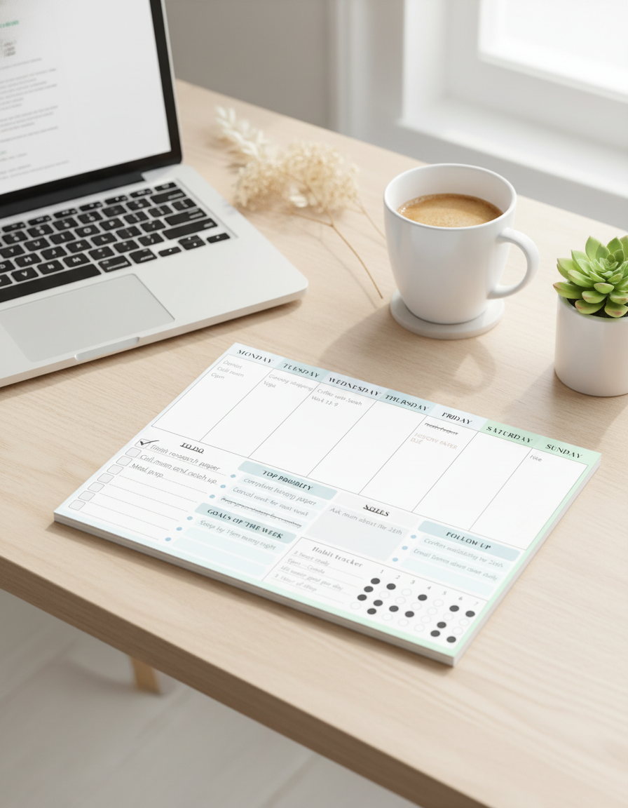 Desk setup with notepad and laptop