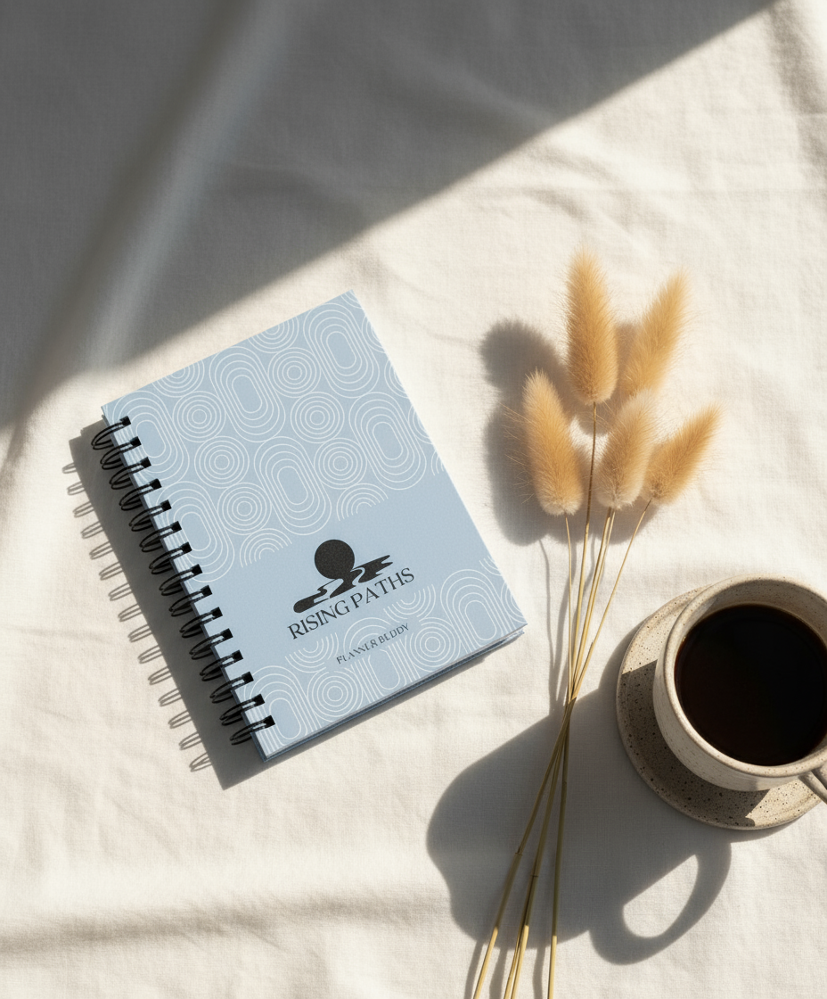 Minimal elegant setup with planner and pampas grass