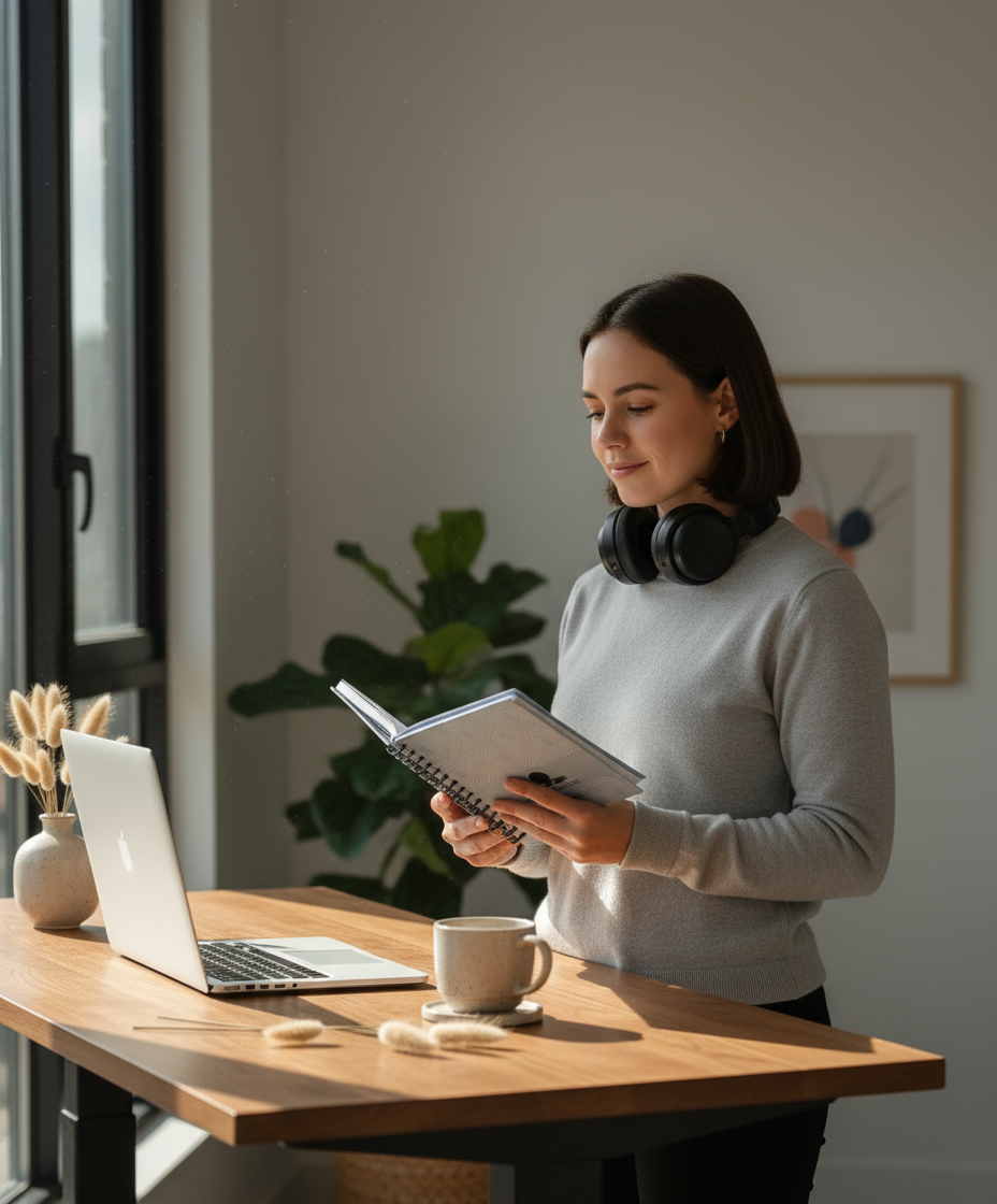 Person holding closed planner at standing desk