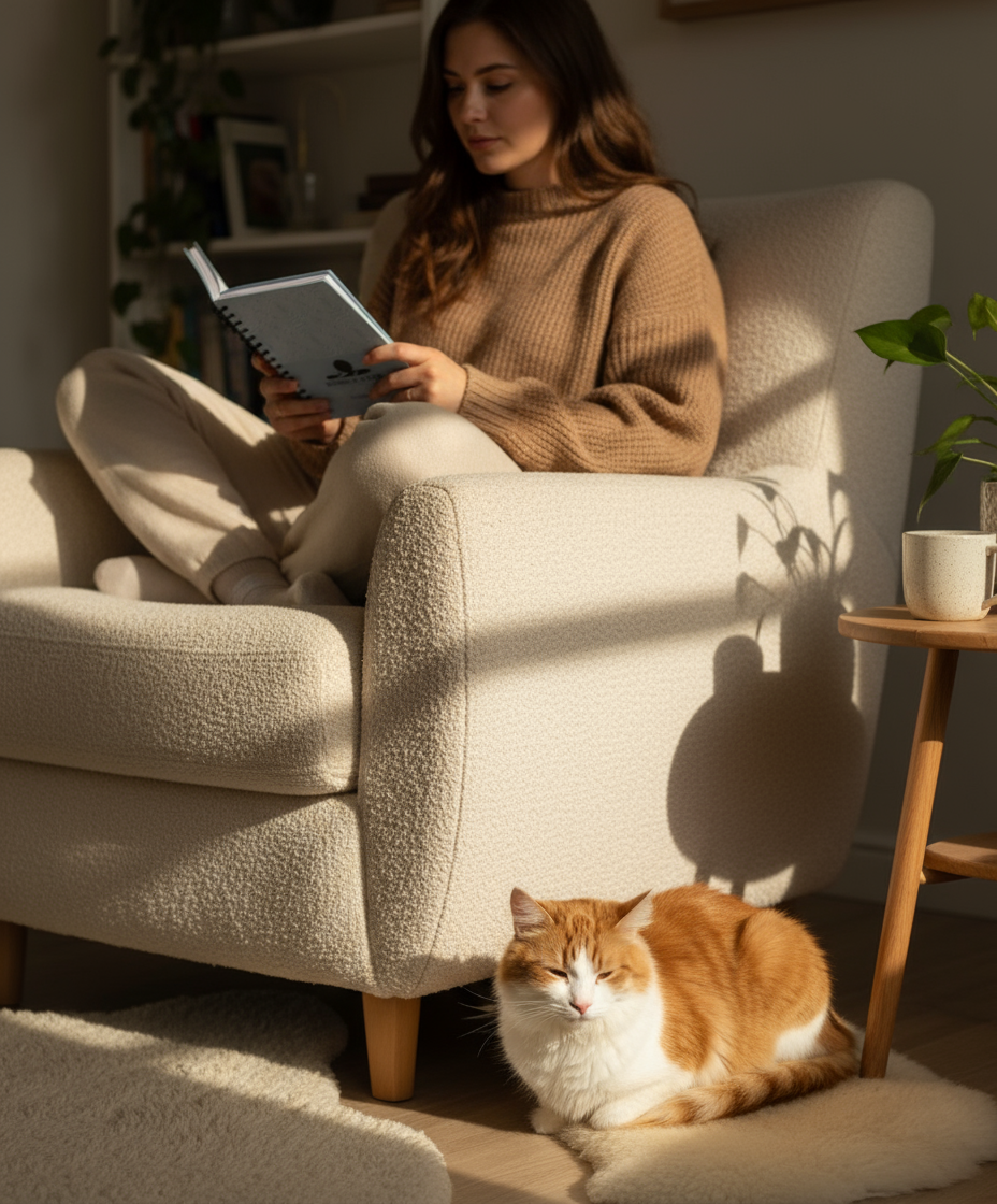 Person holding closed planner in armchair with cat