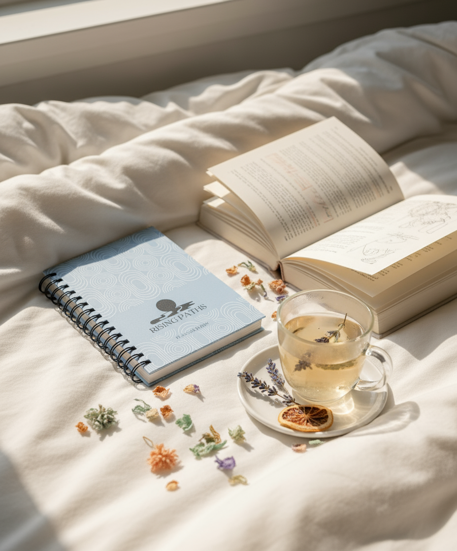 Self-care scene with planner on white bedding