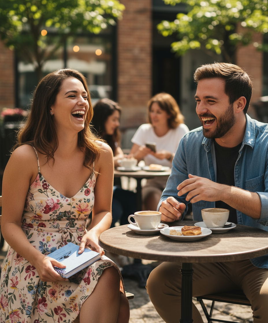 Two friends laughing, one holding planner naturally in lap